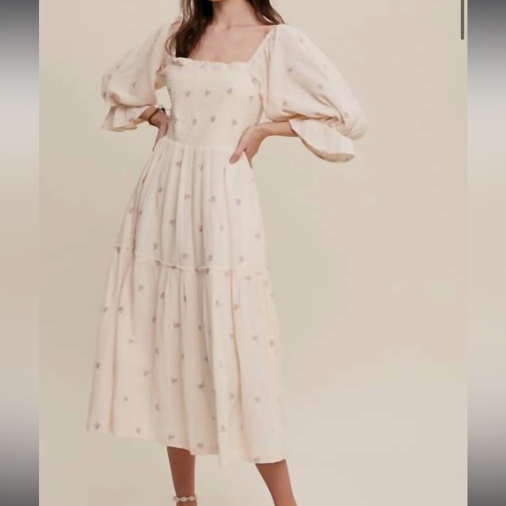 Cream midi dress with floral embroidery